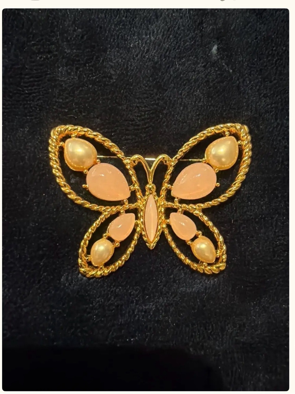 Rare TRIFARI Gold-Tone Butterfly Brooch with Peach Cabochon Accents